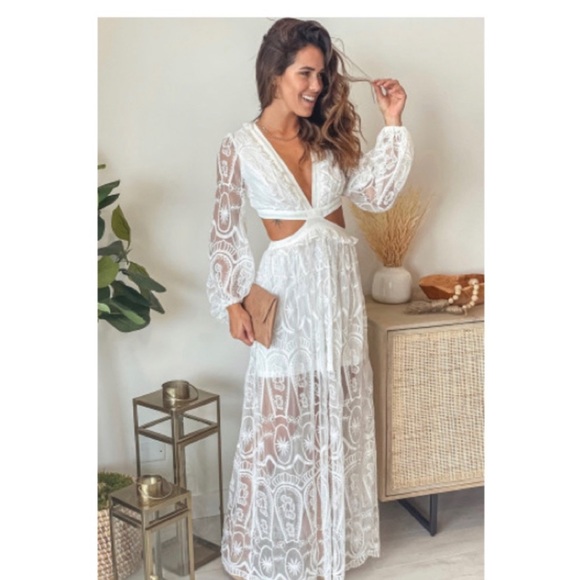 White Cut out Lace Bubble Sleeve Maxi Dress - Picture 3 of 11